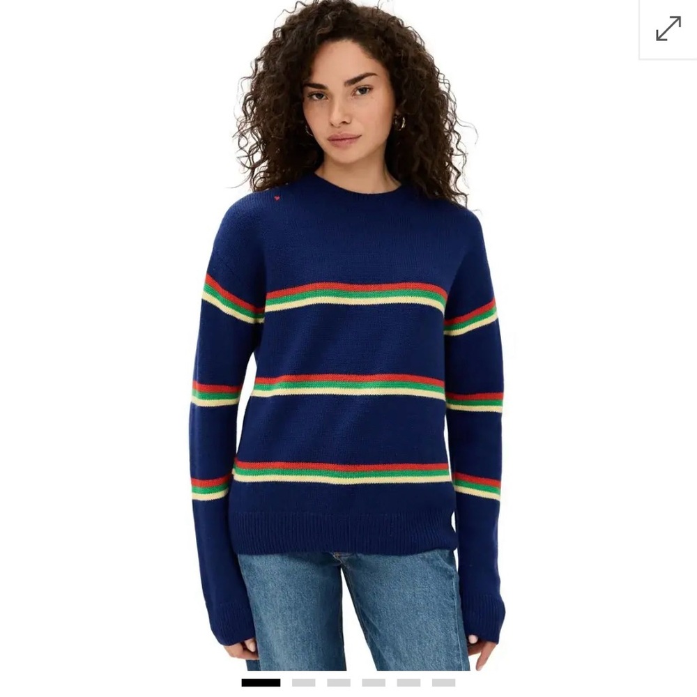 Clare V Navy Virginie Crewneck Sweater with Red, Green & Cream Stripes
